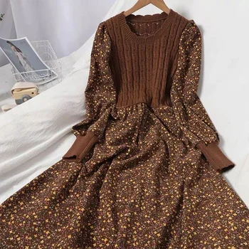2022 Bahar Tatlı Kazak Elbiseler Kadınlar için Vintage Örme Patchwork Kadife Çiçek baskı Uzun Kollu Kadın Elbise Vestidos