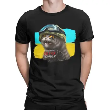 Ukraynalı Kedi Savaşçı Orta dle Parmak Ukrayna Ekip Boyun Saf Pamuk T Gömlek erkekler için Kısa Kollu Tees baskılı giysiler