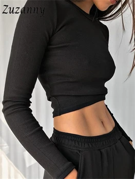Zuzanny O Boyun Uzun Kollu Gömlek Kadın Nervürlü Seksi Kırpılmış Üstleri 2022 Sonbahar Siyah Rahat Sıska İnce Temel Femele T Shirt Beyaz